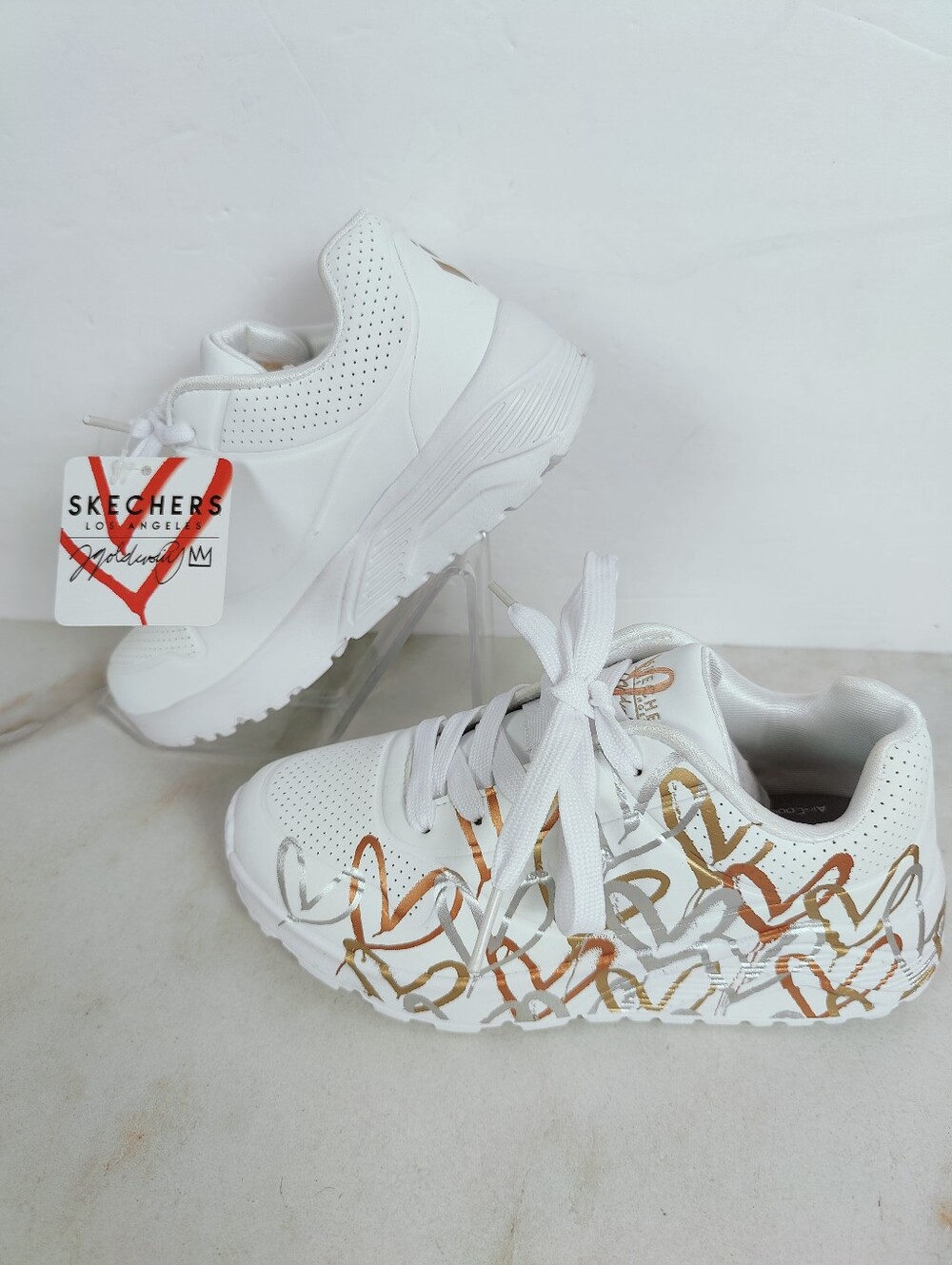 NIB Skechers Junior Girls' Uno Lite Metallic Love White Gold Sneakers, Sz 13